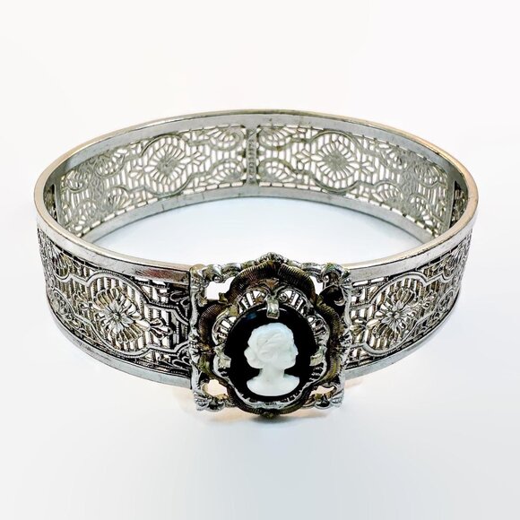 Jewelry - Art Nouveau Bracelet, Filagree, Art Deco, Cameo, Silver, Gold, Black, White